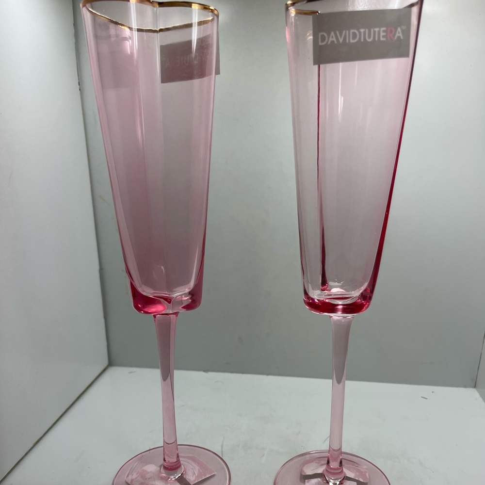 David Tutera Pink Heart Shape Gold Rim Champagne Flutes Wine Glass